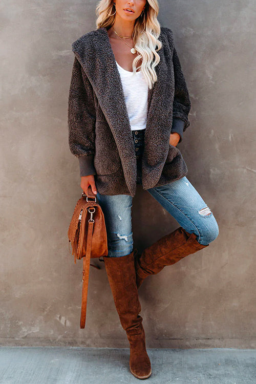 Dam Fleece Skjorta Öppen Huva med Fickor-2