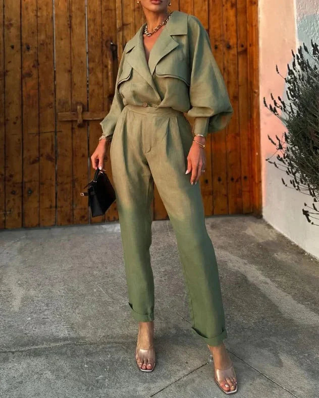 Dam Jumpsuit med Överdimensionerad Blazer och Breda Byxor Högkvalitativt Tyg-2