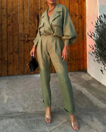 Dam Jumpsuit med Överdimensionerad Blazer och Breda Byxor Högkvalitativt Tyg-2
