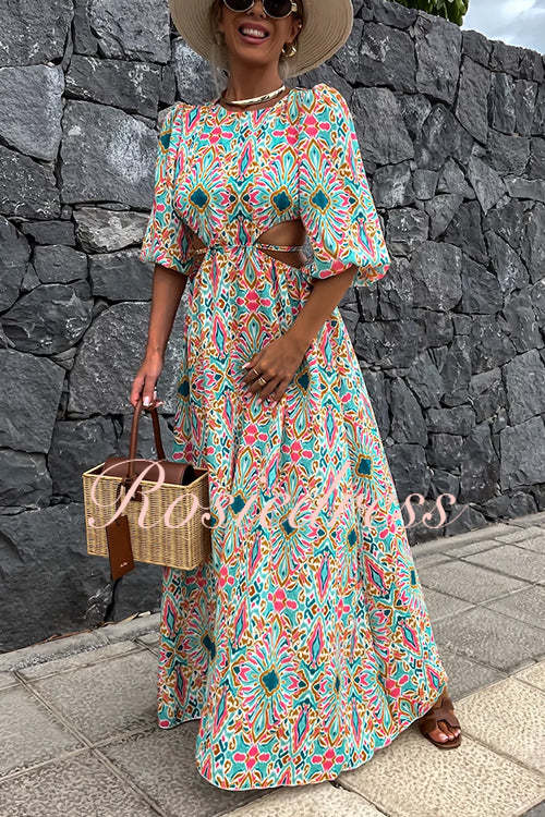 Maxiklänning Dam Puffärmar Ryggfri Tryckt Bomull Polyester-4