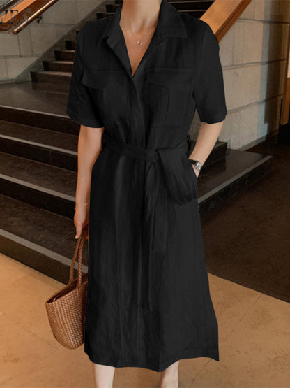 Fina Dam Klänningar Midi med Fickor och 3/4 Ärmar i Bomull-1