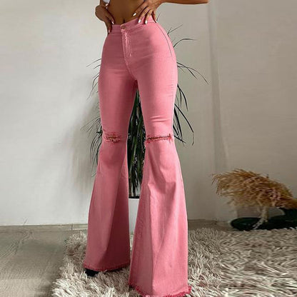 Snygga Byxor Dam Trasiga Detaljer Stretch-Denim Avslappnad Passform 4
