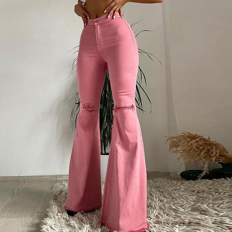 Snygga Byxor Dam Trasiga Detaljer Stretch-Denim Avslappnad Passform 7