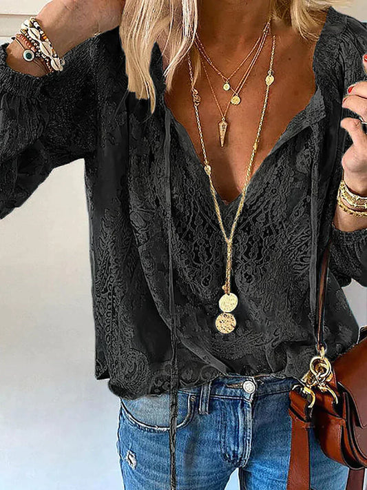 Vit Dam Blus med Spetsdetaljer Polyester Elegant Stil-1