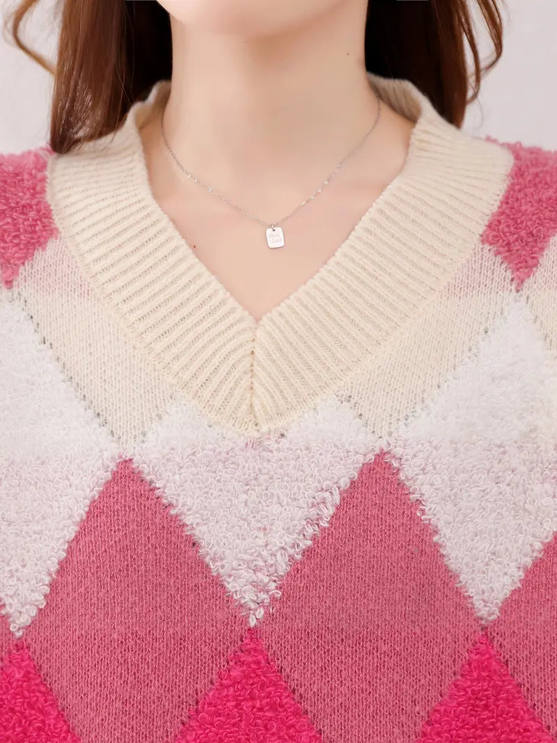 Stickad Dam Tröja V-ringning Diamantmönster Mjuk och Varm-3