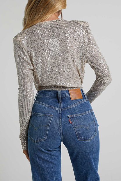 Dam Bodysuit Djup V-ringning Långärmad Glittrande Paljett-3