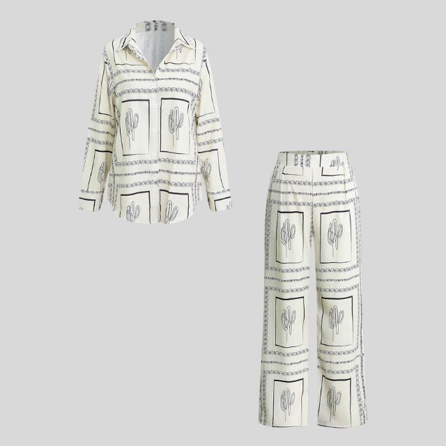 Dam Uppsättning Skjorta och Byxor Kaktusmotiv 100% Bomull-4