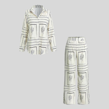 Dam Uppsättning Skjorta och Byxor Kaktusmotiv 100% Bomull-4