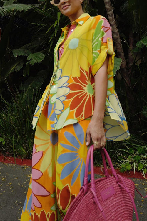 Damkläder Set Blommönstrad Blus och Lösa Byxor i Bomull och Polyester-3