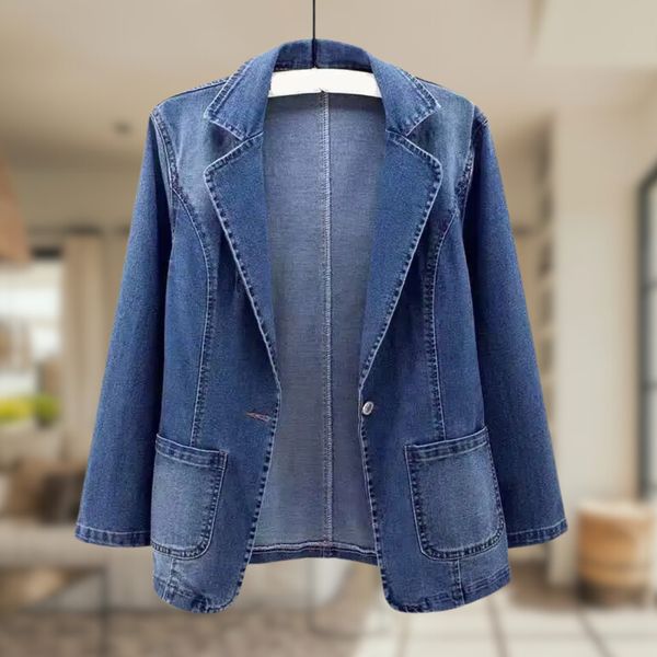 Dam Blazer Avslappnad Denimblå med Vändkrage och Knappstängning-1