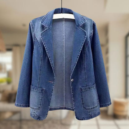 Dam Blazer Avslappnad Denimblå med Vändkrage och Knappstängning-1