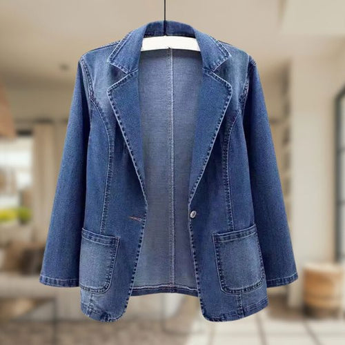 Dam Blazer Avslappnad Denimblå med Vändkrage och Knappstängning-1