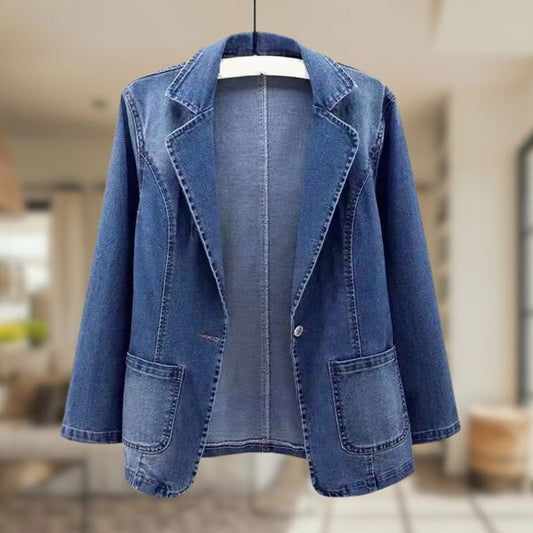 Dam Blazer Avslappnad Denimblå med Vändkrage och Knappstängning-1