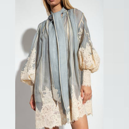 Variant image for Kvinnors Mini Klänning med Lantern Ärmar och Spetsdetaljer Polyester-1