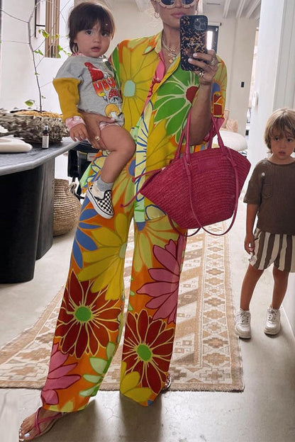 Damkläder Set Blommönstrad Blus och Lösa Byxor i Bomull och Polyester-4