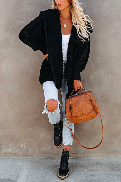 Dam Fleece Skjorta Öppen Huva med Fickor-3