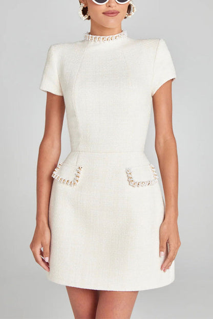 Kvinna Mini Klänning Mockneck Tweed med Pärltrim-3