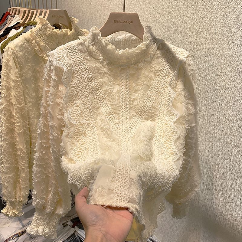 Dam Långärmad Topp Blommorbroderi Polyester-4