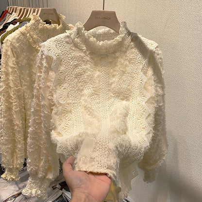 Dam Långärmad Topp Blommorbroderi Polyester-4