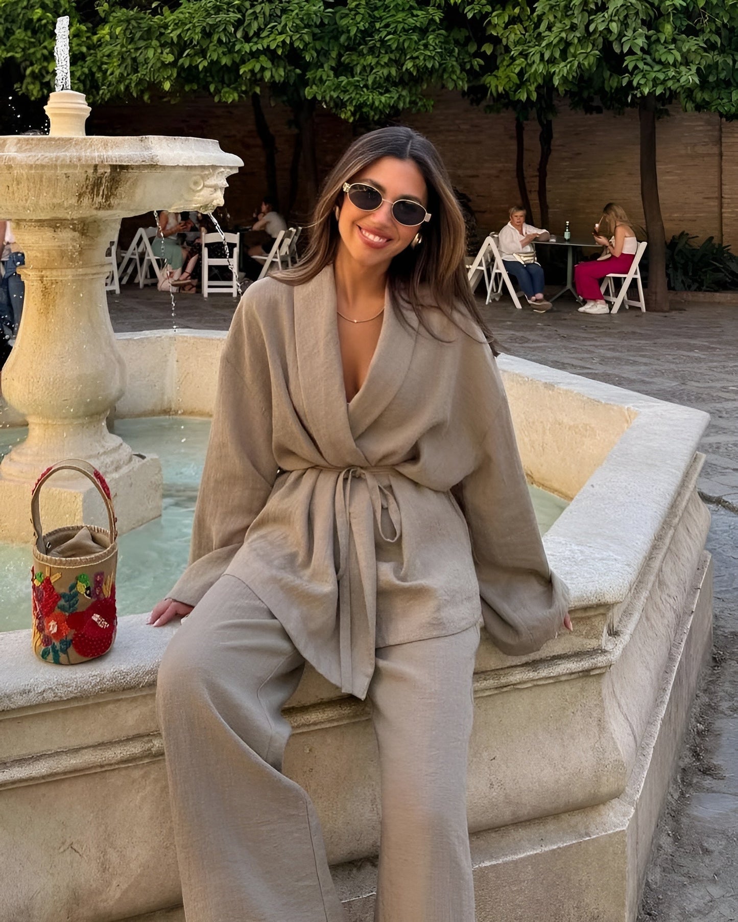 Dam Linne Set Elegant Kimono Top och Byxor Linneblandning-2