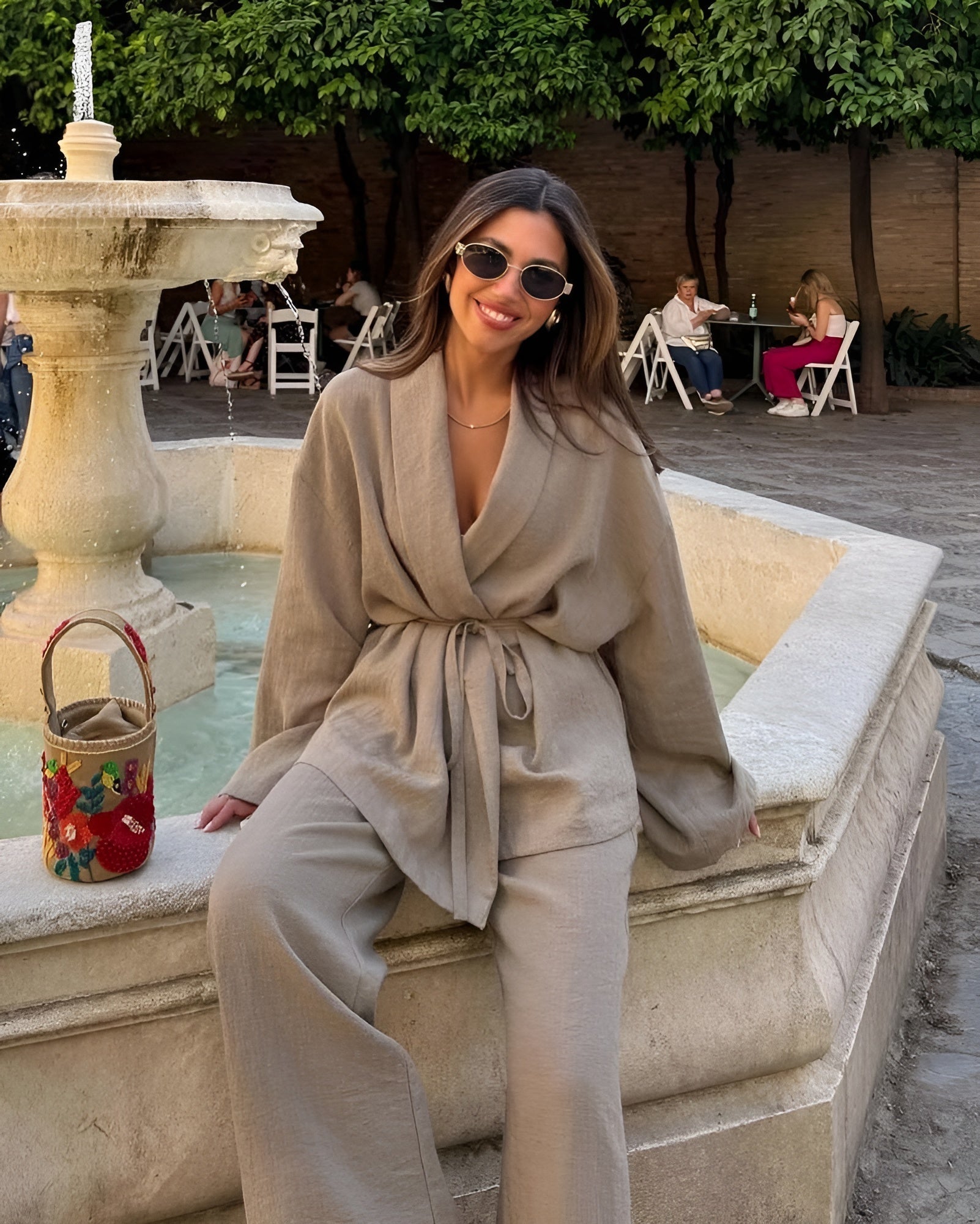 Dam Linne Set Elegant Kimono Top och Byxor Linneblandning-2