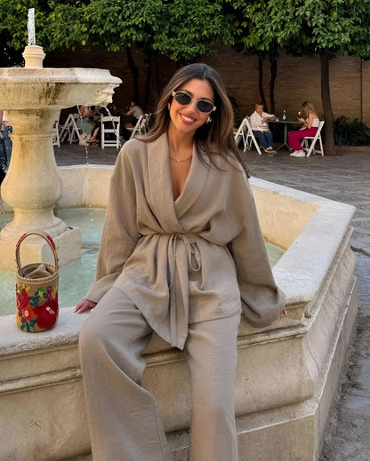 Dam Linne Set Elegant Kimono Top och Byxor Linneblandning-2