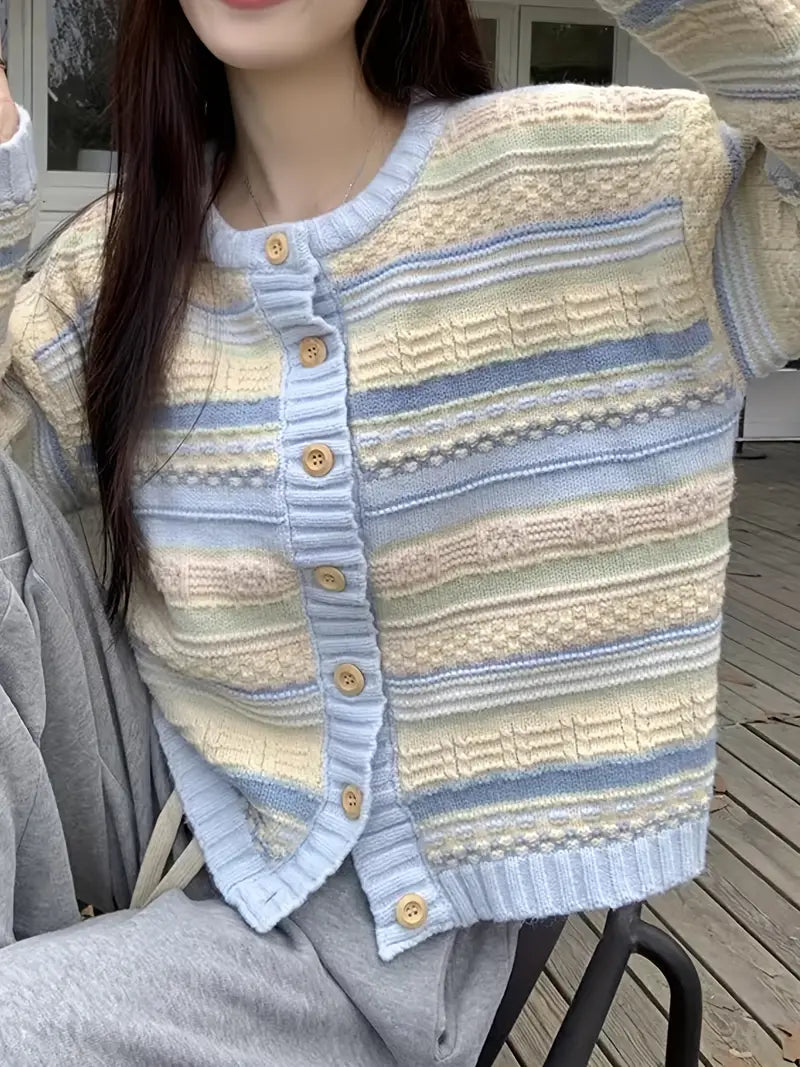 Dam Kofta Randig Stickad med Knappstängning Mjuk och Andningsbar-5