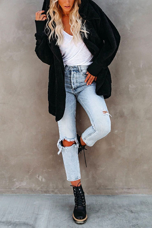 Dam Fleece Skjorta Öppen Huva med Fickor-4