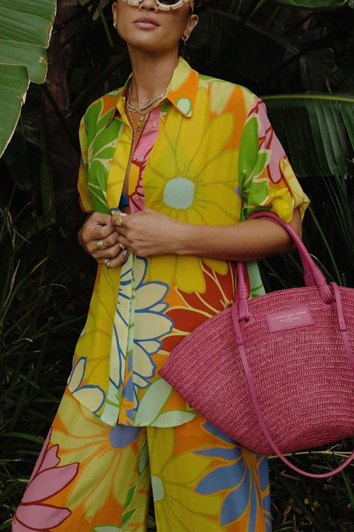 Damkläder Set Blommönstrad Blus och Lösa Byxor i Bomull och Polyester-5