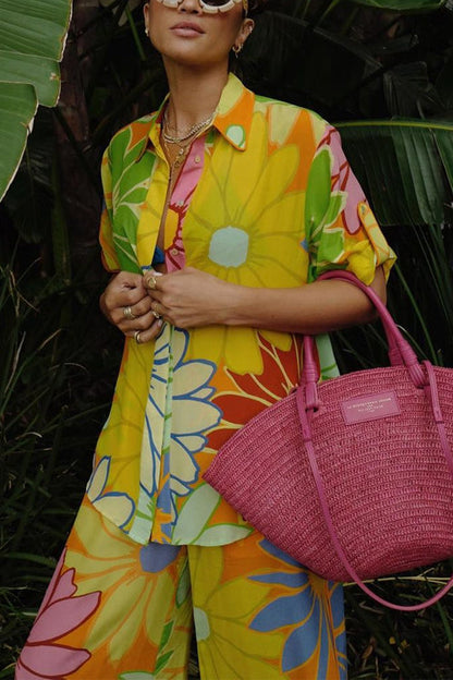 Damkläder Set Blommönstrad Blus och Lösa Byxor i Bomull och Polyester-5