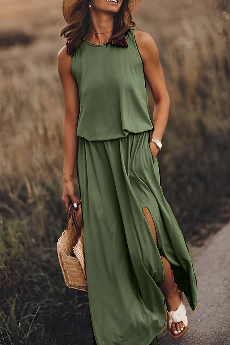 Fina Dam Klänningar Lång Ärmlös Flödande Tyg-2