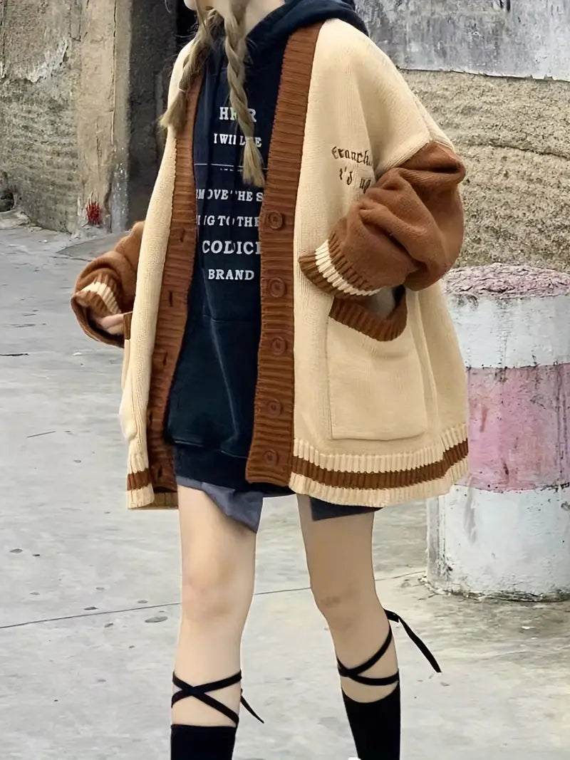 Dam Cardigan Färgblock Broderad Högkvalitativt Tyg-2