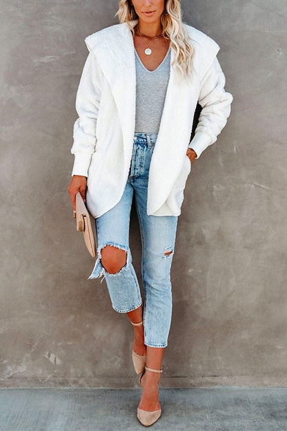 Dam Fleece Skjorta Öppen Huva med Fickor-5