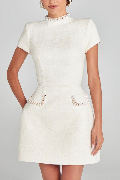 Kvinna Mini Klänning Mockneck Tweed med Pärltrim-5