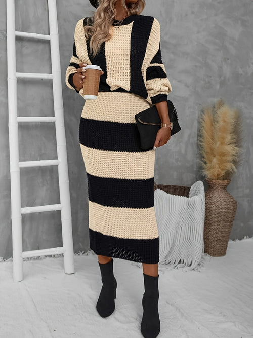 Tvådelat Set Dam Färgblock Tröja och Kjol Mjuk Material-1
