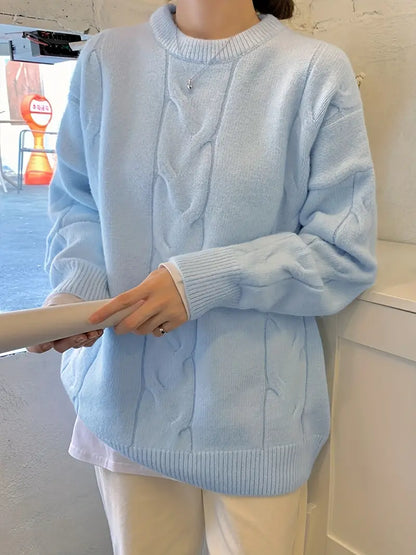 Variant image for Dam Stickad Tröja Flätmönster Mjuk Enkelfärgad Vintermode-3