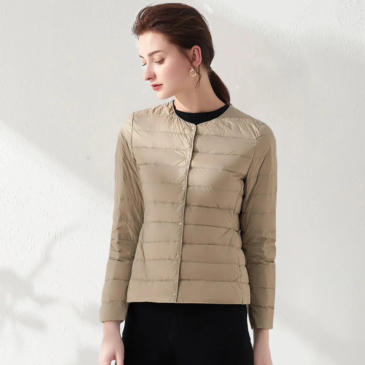 Damjacka Quiltad Kragefri Lätt Polyester för Dam-3