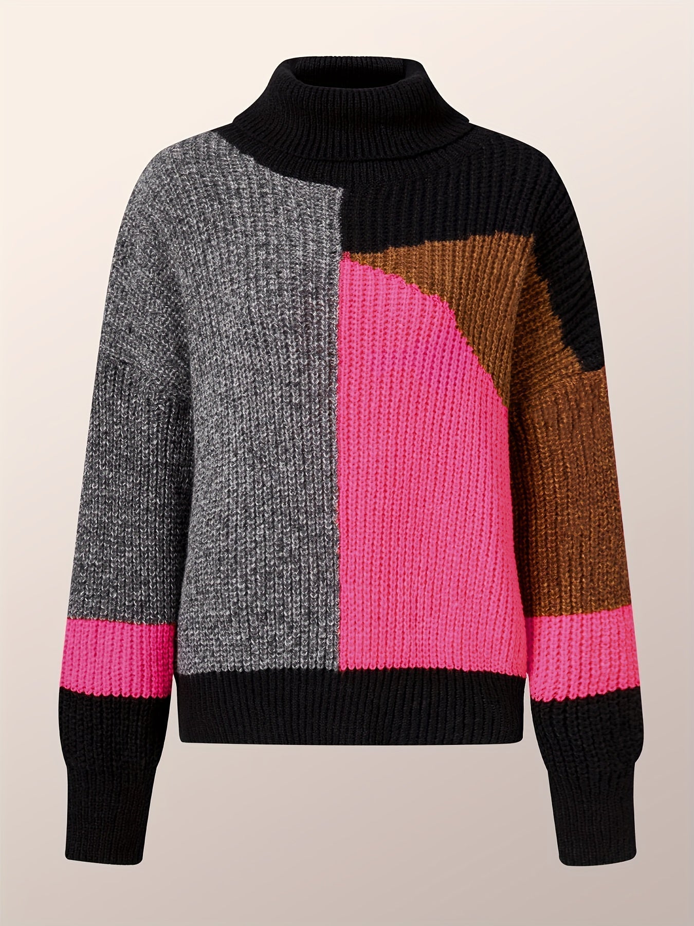 Stickad Dam Tröja Turtleneck Mjuk Tyg med Sänkta Axlar-5