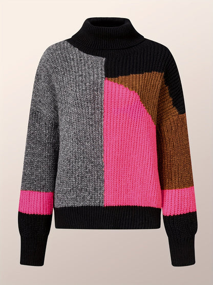 Stickad Dam Tröja Turtleneck Mjuk Tyg med Sänkta Axlar-5