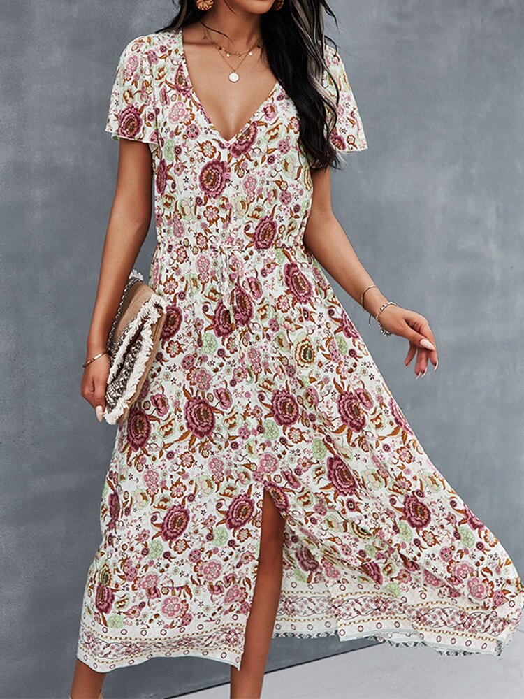 Kvinna MIDI Klänning V-ringning Blommönster Bomull Viskos 8