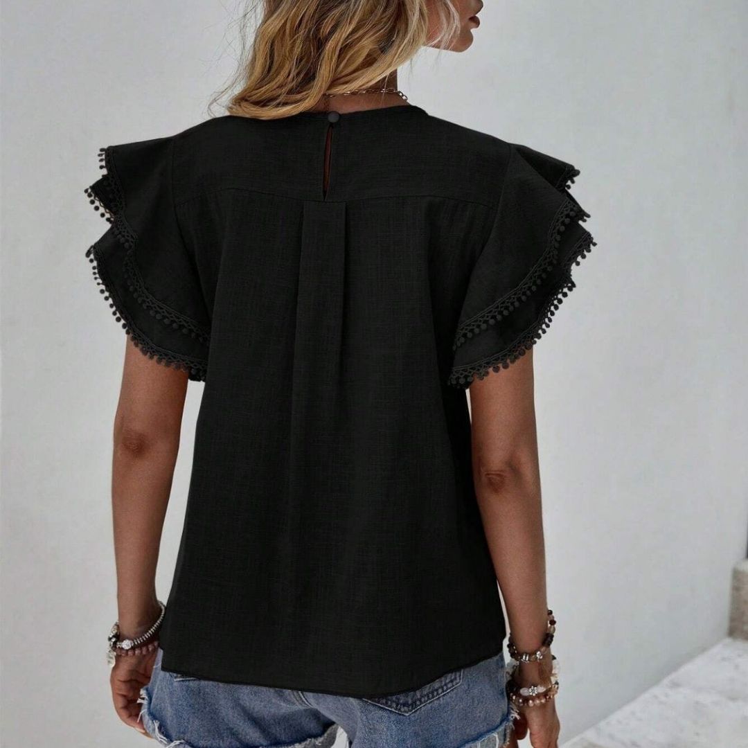 Dam Blus Rufsade Ärmar Virkade Detaljer Polyester-5