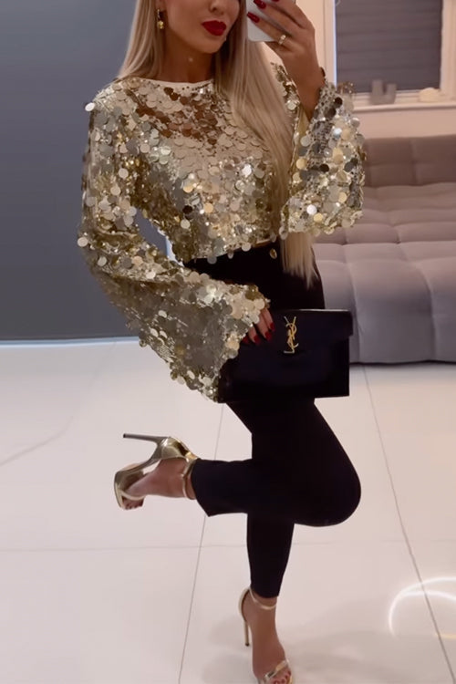 Dam Crop Top Långa Ärmar Metallic Paljetter Bomull Polyester-2