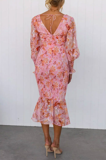 Dam Midiklänning Blommig V-ringning Långa Ärmar Bomull och Polyester-4