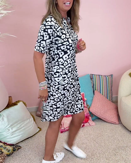 Damklänning V-ringad med Tryck och Fickor i Polyester-2