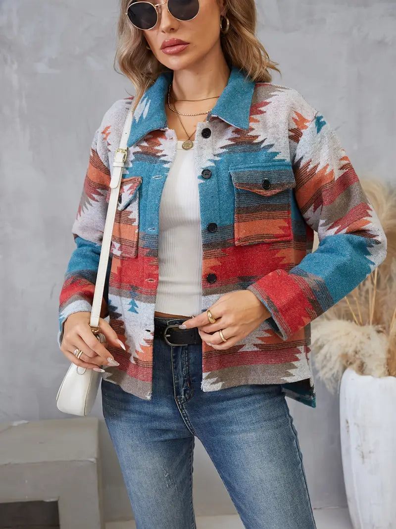 Damjacka Vintage Aztec Mönster Bomull Lång Ärmar Loose Fit-1