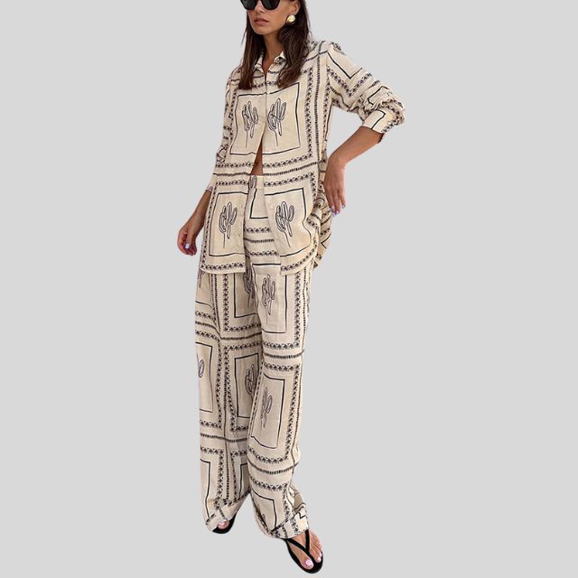 Dam Uppsättning Skjorta och Byxor Kaktusmotiv 100% Bomull-3