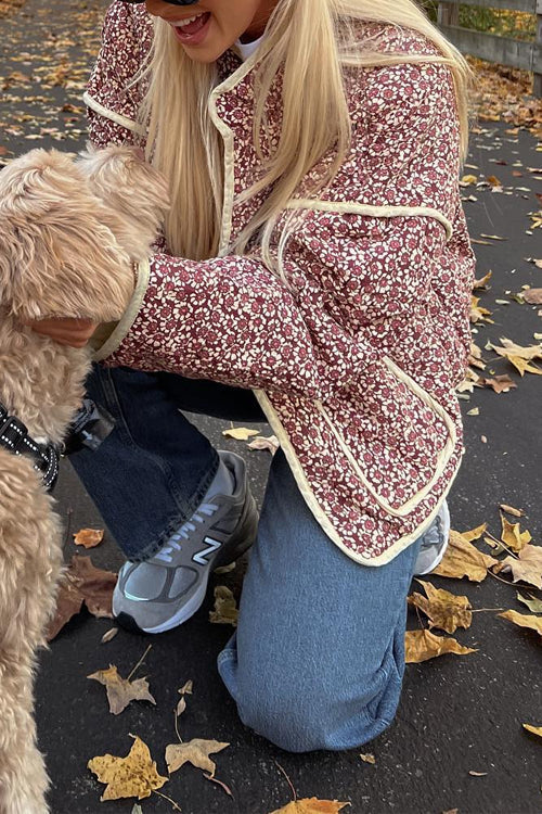 Dam Kappa Blommig Quiltad med Stativ-Upp Krage-2