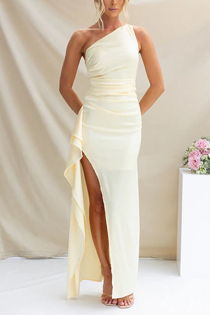 Dam Maxiklänning En Axelsnitt Rynkad Bomull Polyester-2