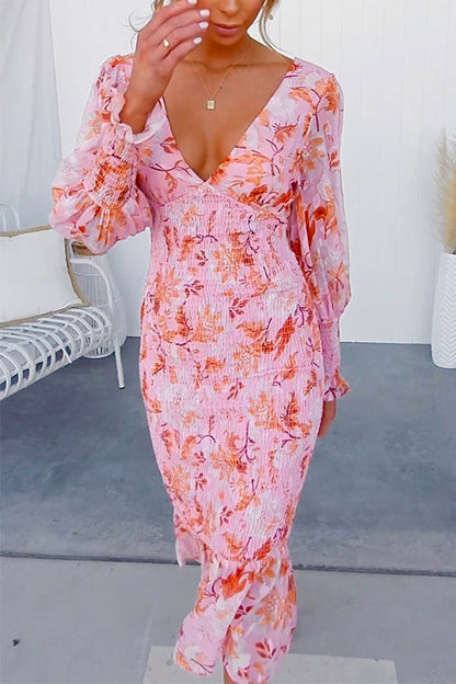 Dam Midiklänning Blommig V-ringning Långa Ärmar Bomull och Polyester-5