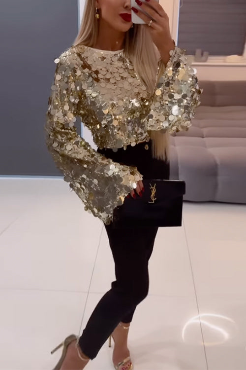 Dam Crop Top Långa Ärmar Metallic Paljetter Bomull Polyester-3